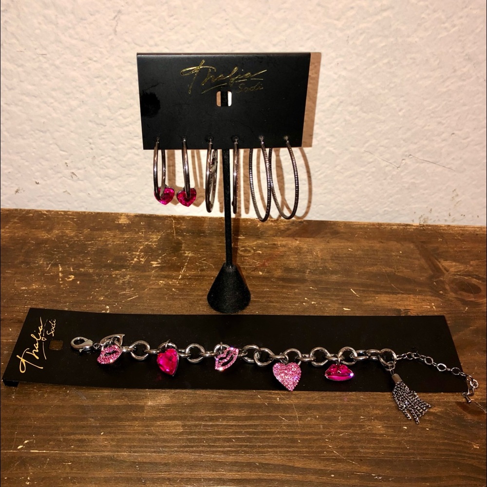 Thalia Sodi Pink Hearts & Lips Earrings Bracelet Lot NWT